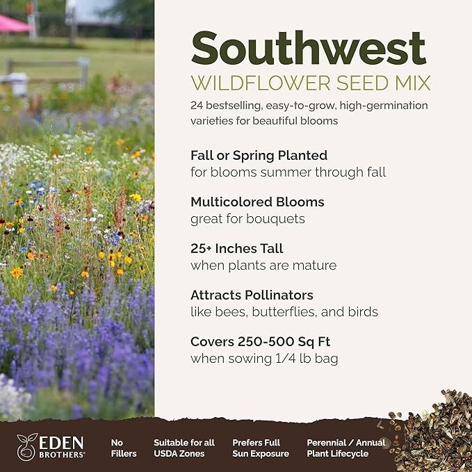 Eden Brothers Southwest Wildflower Mixed Seeds for Planting, 1/4 lb, 120,000+ Seeds with Cornflower, Blanket Flower | Attracts Pollinators, Plant in Spring or Fall, Zones 3, 4, 5, 6, 7, 8, 9, 10