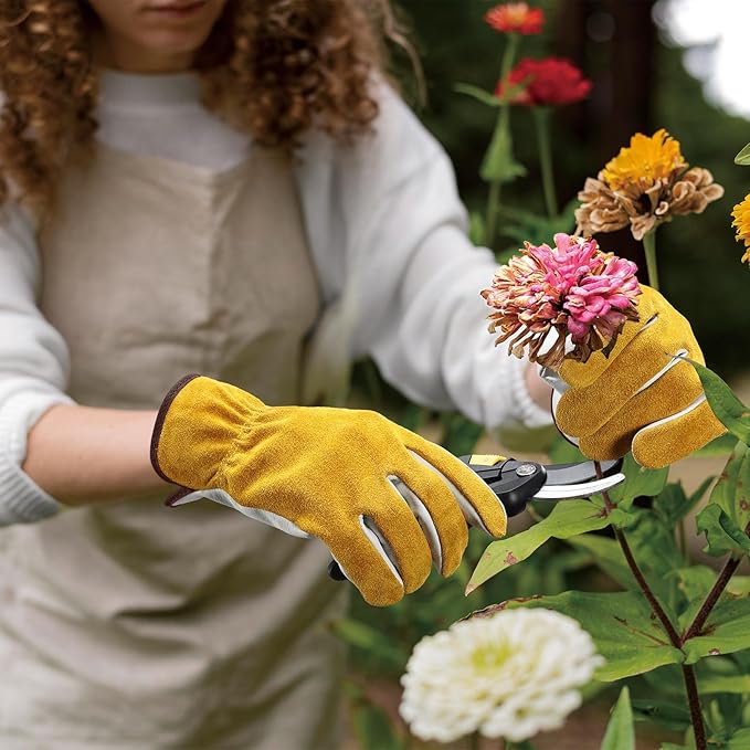 OZERO 3 Pairs Cowhide Leather Gardening Gloves, Reinforced Durable Work Gloves for Men & Women, Puncture & Cut Resistant for Digging, Planting & Pruning, Gold/Light Cyan (Medium)