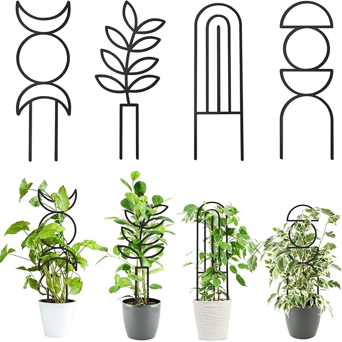 4 Pcs Indoor Plant Trellis for Climbing Plants, Small Trellis for Potted Plants, Garden Metal Trellis Plant Support Trellis with Different Patterns for Vine Ivy Flower (Boho)
