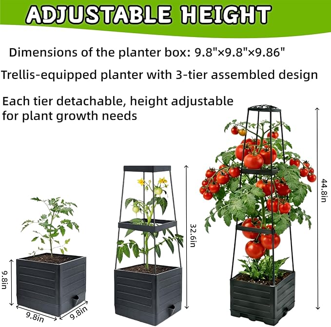 2Pcs Raised Garden Bed Tomato Planter Box with Trellis, 45 Inch Self-Watering Large Tomato Cage for Patio Garden Pots, Climbing Plants Cucumber Vine Vegetables Flowers Outdoor & Indoor