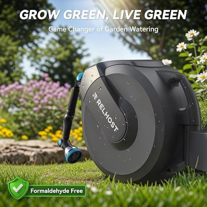 Retractable Garden Hose Reel, 1/2 in x 100 ft Wall Mount Heavy Duty Hose Reel with Any-Length Lock, Auto Rewind System, 180° Swivel Bracket, and 10-Pattern Nozzle for Garden, Dark Grey