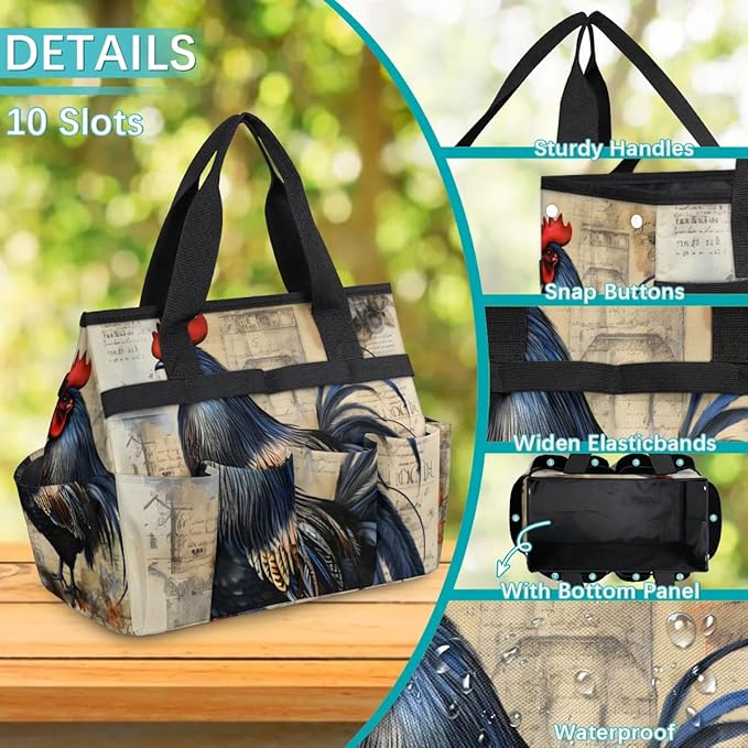 Garden Tool Bag Organizer Garden Tote Bag with Pockets Rooster Watercolor Flowers Tool Storage Organizer Gardening Tool Kit Holder 13" x 6.8" x 2.8"