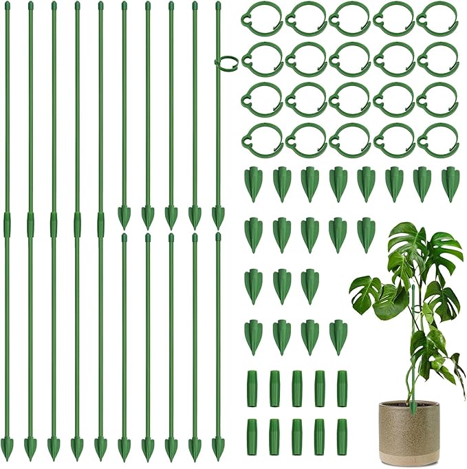 20 Pcs Plant Support Stakes, Garden Stakes for Indoor Plants, Tall Adjustable Plant Sticks with 20 Clips and 10 Connectors for Monstera, Tomato, Vine Potted Plants