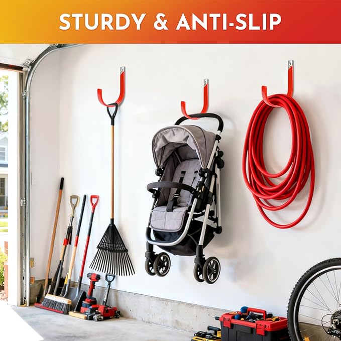 Garden Hose Holder, Wall Mount Hose Hanger Heavy Duty Organizer for Water Hoses Metal Hook Wall Mounted Rack for Hoses Storage, 1 Pack-Red