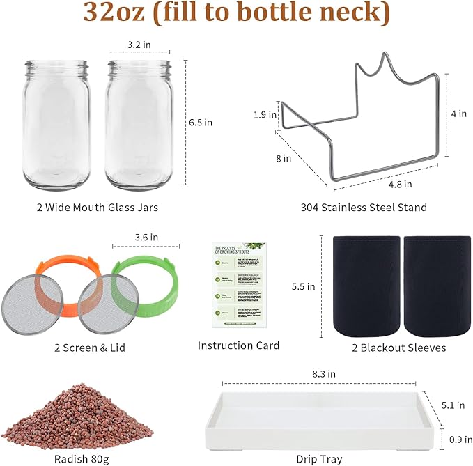 Seed Sprouting Kit with Radish 80g, 2 Large Wide Mouth Mason Jars with Sprout Lids, Blackout Sleeves, Drain Tray, Stainless Steel Stand, Sprouts Growing Kit for Growing Bean Alfalfa Sprout Seeds
