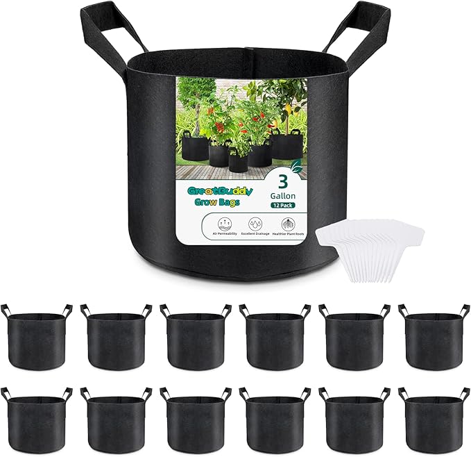 GreatBuddy 3 Gallon Grow Bags 12-Pack, Thick Fabric Pots for Plants, Sturdy Handles & Reinforced Stitching, Labels Included, Black
