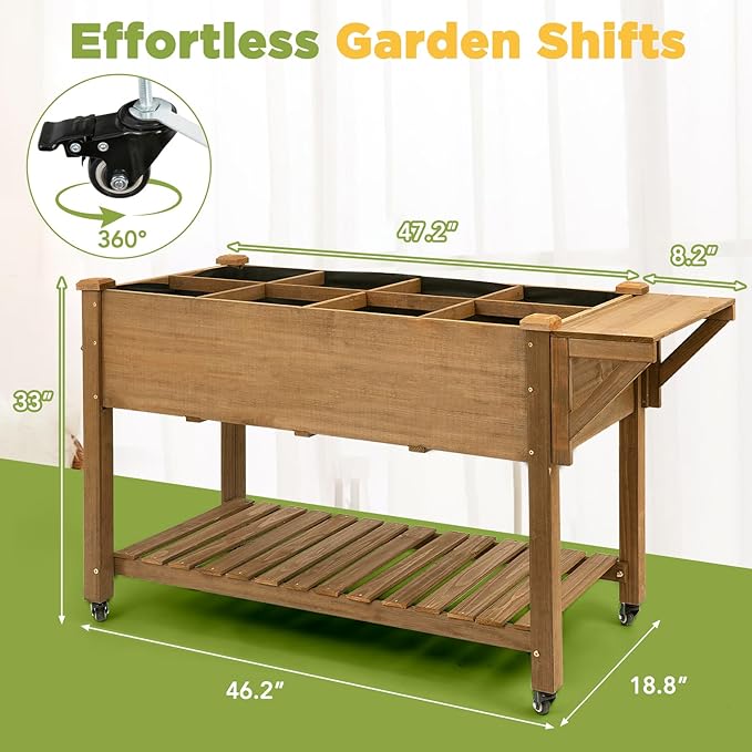 PetsCosset Raised Garden Bed with Wheels, Storage Shelf, Protective Liner, Table Ledge,Outdoor Garden Bed with Legs for Vegetable, Herb, and Flower Cultivation (with Wheels)