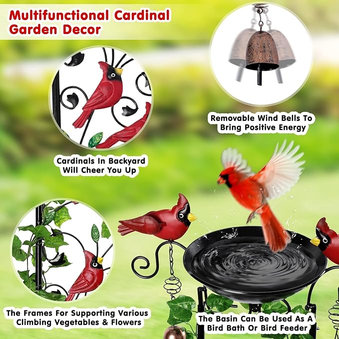 Cardinal Bird Bath Garden Trellis for Climbing Plants Outdoor Wind Chime Decor Red Birds Feeder Yard Sign Spring Lawn Decorations Housewarming Christmas Appear Memorial Gift for Bird Watcher Gardener