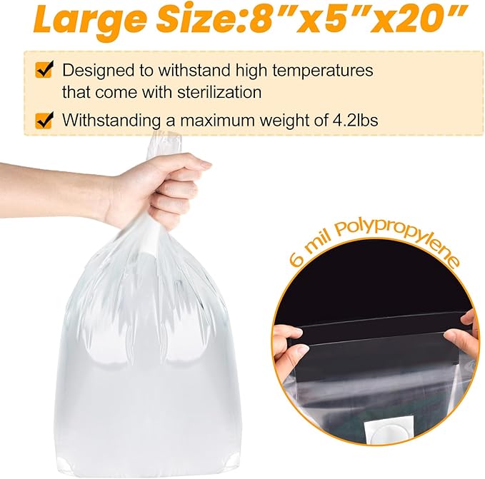 100PCS Mushroom Planting Kit - 8"5"20" Thickened Growing Bags, 6 Mil Thick Durable, Tear Resistant, 0.2 Micron Porosity Resistant High Pressure Spawning Bags