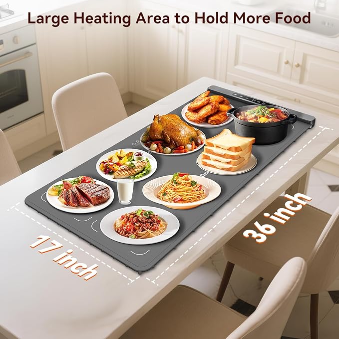 Graphene Food Warming Mat with Dual Zone Control, XXL 36"x17" Electric Heating Tray, 6 Temp & Timer Settings, Fast Even Heat for Buffets, Parties, Family Dinners, Gift for Mom & Wife (Gray)