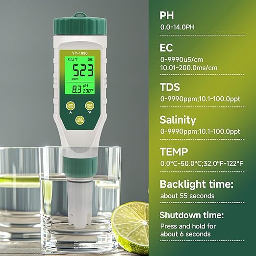 PH Meter & TDS Meter 5 in 1 Water Tester pH/TDS/EC/Salt/Temp Meter,PH Meter for Water with LCD Backlit,pH Tester Digital for Drinking Water.