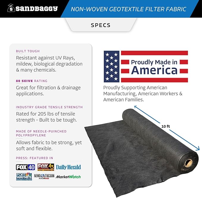 Sandbaggy Non Woven 8 oz Geotextile Landscape Fabric | Made in America | 50 Year UV Protected Industrial Grade Fabric | 205 Lbs Tensile Strength | DOT Approved (10 ft x 50 ft Roll)