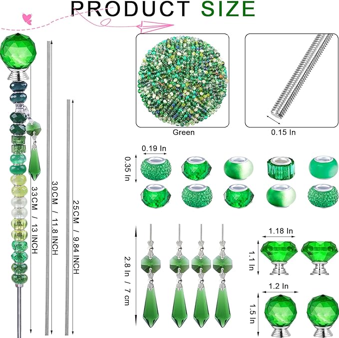 121 Pcs DIY Fairy Wand Beaded Garden Stakes Kit, Fairy Wands Garden Kit Deep Green Large Hole Bead with Pendants Crystal Stopper Top Threaded Rod Beaded Garden Stakes Supplies for Outdoor Decorative