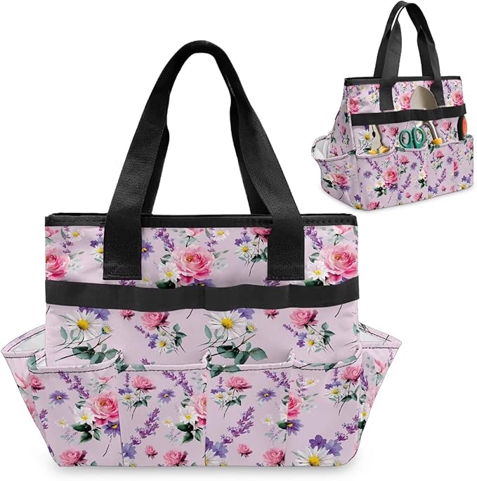 Rose Daisy Garden Tool Bag Portable Gardening Tool Organizer Bag with 10 Pockets and Handle Tool Carrier and Storage for Garden Lawn Yard Casual Camp