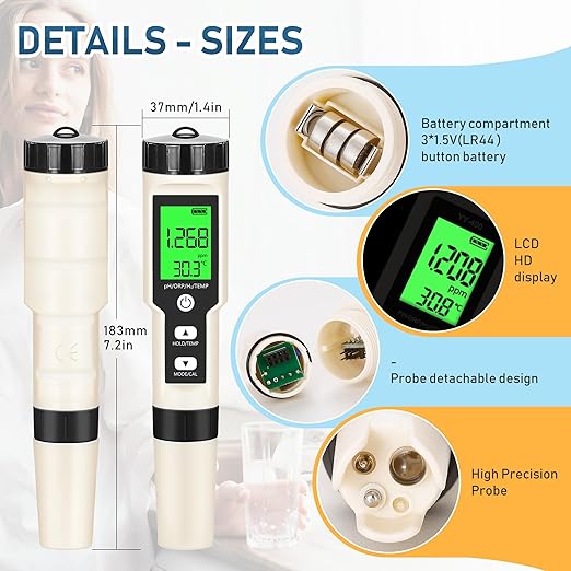 Hydrogen Water Tester 4 in 1 PH,H2,ORP&Temp,pH Meter ORP Meter Hydrogen Tester for Water with ATC & Backlight,Accurate Hydrogen Water ppb/ppm Meter
