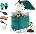3-Tray 15L Worm Farm Composting Bin with Tool Set - Efficient Indoor/Outdoor Composter for Organic Waste Recycling, Beginner-Friendly Kit for Healthier Plants (Green)