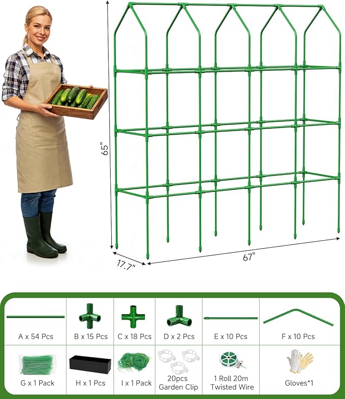 Cucumber Trellis with Grow Bag for Raised Bed, A-Shape Garden Trellis for Climbing Plants Outdoor, Metal Plant Trellis with Garden Netting for Flower Vegetables, Pea, Grape (67 * 17 * 65inch(L*W*H)