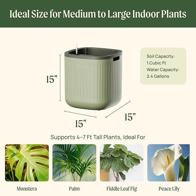 15 Inch Self-Watering Planter for Indoor Plants – Large Modern Plant Pot with Built-In Water Reservoir, Ideal for Monstera, Fiddle Leaf Fig, Palms & Peace Lily, Without Trellis, Twin Pack, Sage Green