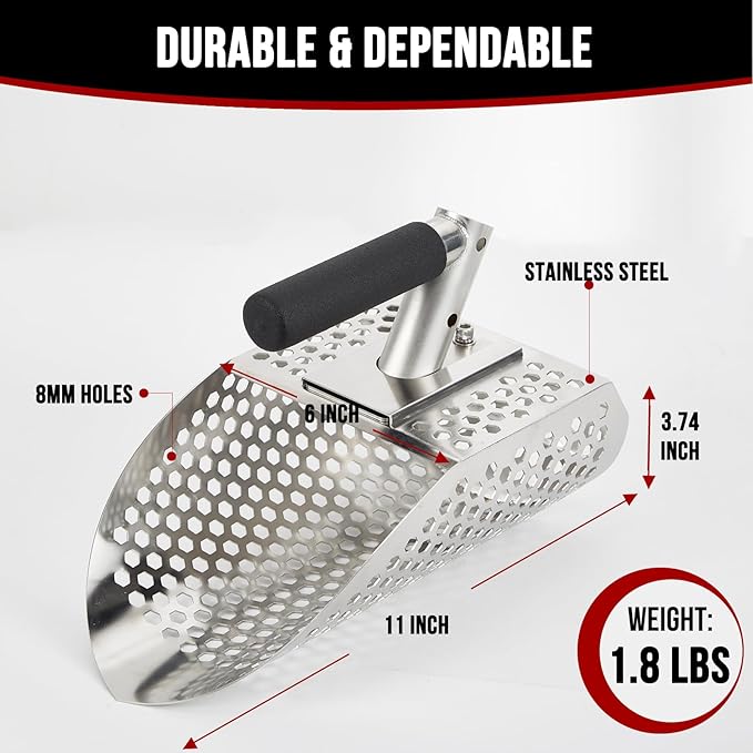 Sand Scoops for Metal Detecting, Stainless Steel Metal Detector Scoop with Digging Tool, Sand Sifter Shovel, Metal Detector Accessories, Heavy Duty Metal Detecting Shovel, Sand Flea Rake for Beach