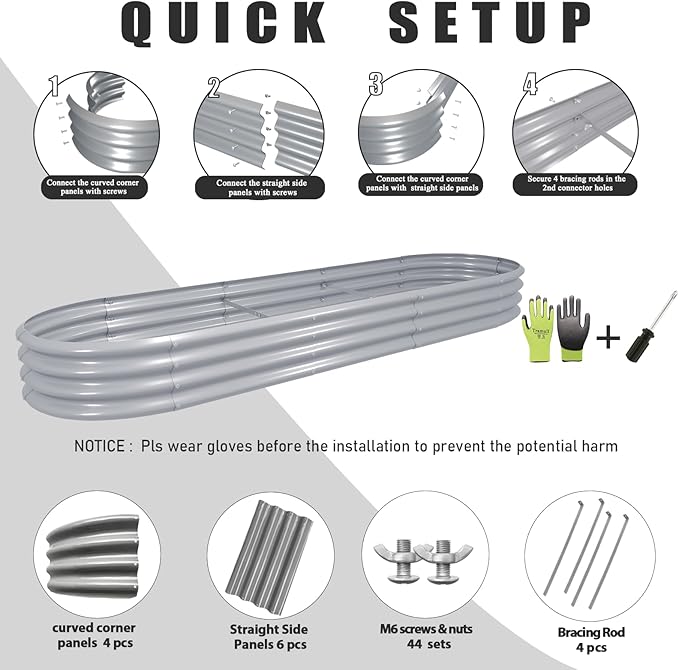 1 Pack 12x2x1FT Galvanized Raised Garden Bed Kit Oval Metal Ground Planter Box Outdoor Bottomless Planter Raised Beds for Vegetables Flowers Herbs Fruits, Gray