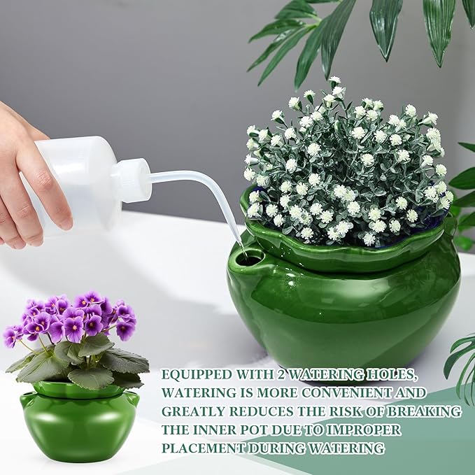 6.3 Inch African Violet Pots, Green Self Watering Pot for Indoor Plants, Ceramic Easy Plant Self Watering Pot for Thriving Plant Flower Maintenance