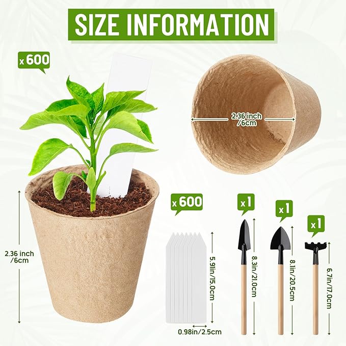 Layhit Seed Starter Plant Pots Kit, Compressed Coir Fiber Potting Soil, 2.36 Inch Nursery Pots, Small Seed Starting Starter Tray Bulk, Garden Germination Container Set with Planting Labels (1200 Pcs)