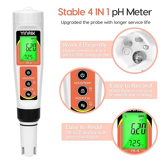 YINMIK PH Meter, Digital 4 in 1 PH EC TDS Temp Meter for Water Hydroponics, Waterproof DWC PH and EC PPM Water Tester with Backlit for Nutrients Growing, Indoor Garden, Home Brewing, Pool, Aquarium