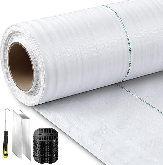3.2 oz 3 x 200 ft White Landscape Fabric Heavy Duty Weed Barrier Fabric Landscaping Woven UV Resistant Ground Cover with 40 Gaskets 40 Garden Stakes Pick Hook for Gardening Farming