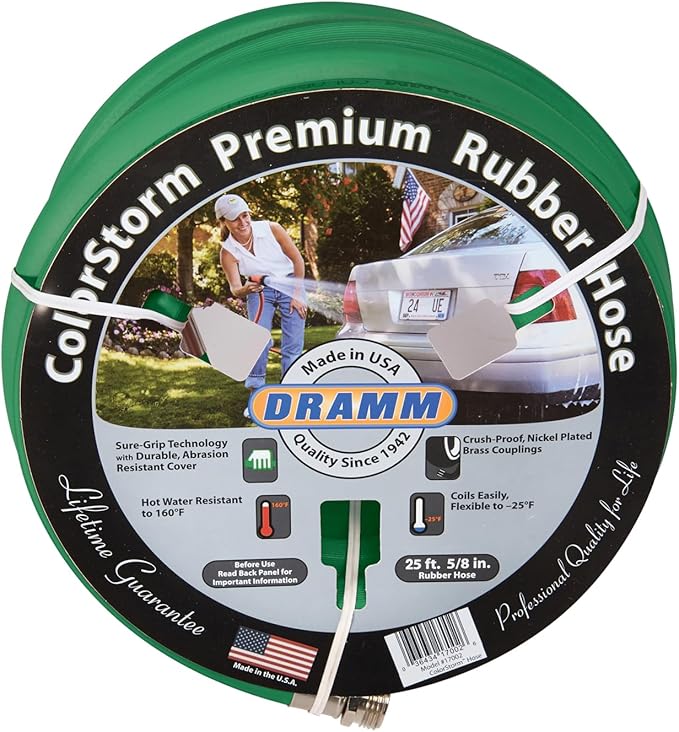 Dramm ColorStorm Premium Rubber Garden Hose – 50 ft Heavy Duty 5/8" Water Hose – Kink Resistant, Crush-Proof Nickel-Plated Couplings – Made in USA - Green