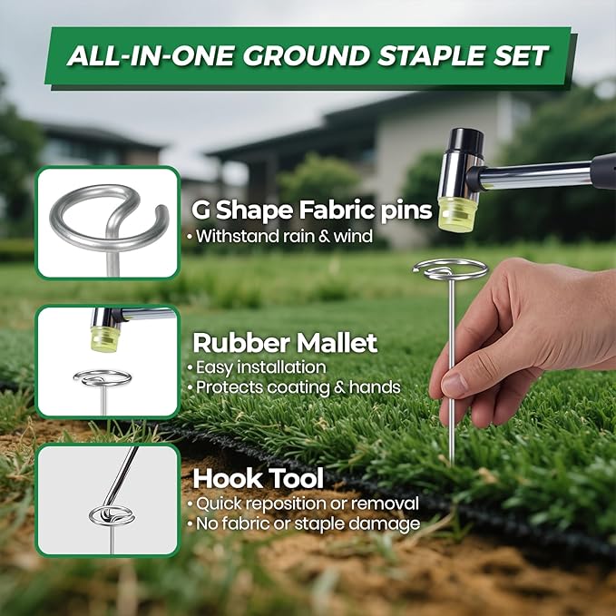 100pcs Landscape Fabric Pins, Heavy Duty Galvanized Landscape Staples Weed Barrier Stakes Lawn Staples with Staples Remover Mallet Yard Stakes Staples for Lawn Edging Ground Cover Outdoor Gardening