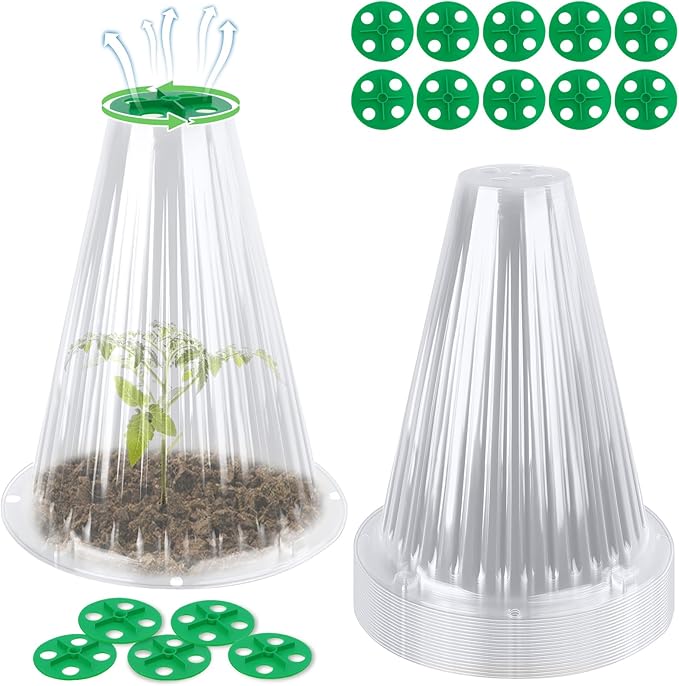 UQM 20 Pack Garden Cloches for Plants, Reusable Bell Plant Protector with Rotary Vent Cover, Garden Protection from Animals Snails Birds Chickens Insect, 9.18" H X7.56 D (Clear)