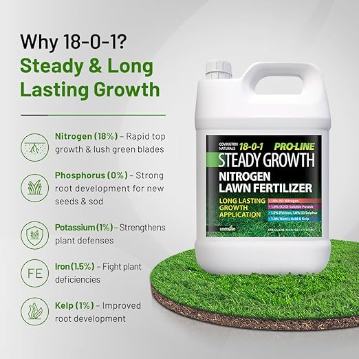 Covington ProLine 18-0-1 NPK Liquid Slow Release Lawn Fertilizer (1 Gal) – High Nitrogen Lawn Food for All Grass Types – Supports Steady Growth & Maintenance – Deep Green Turf Builder Concentrate