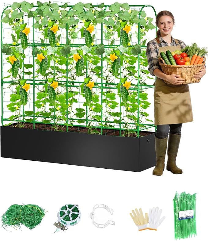 Cucumber Trellis with Grow Bags for Garden, Extra-Large U Frame Garden Trellis for Climbing Plants, Metal Plant Trellis with Garden Netting for Vegetables Flowers Fruits (U-5 Arches)