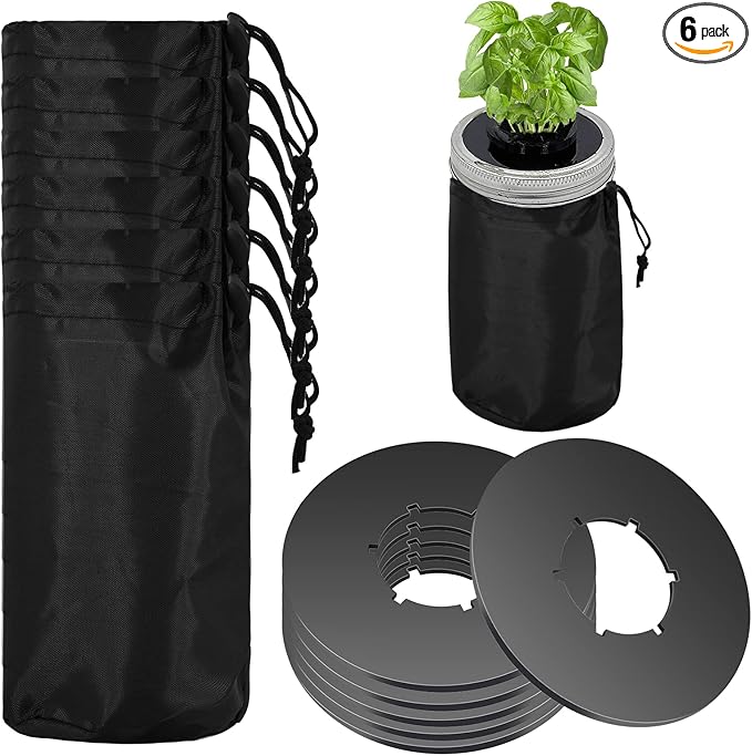 6Pcs Kratky Lids - Wide Mouth Hydroponic Cover Lids with Blackout Sleeves and Hole for Mason Jars