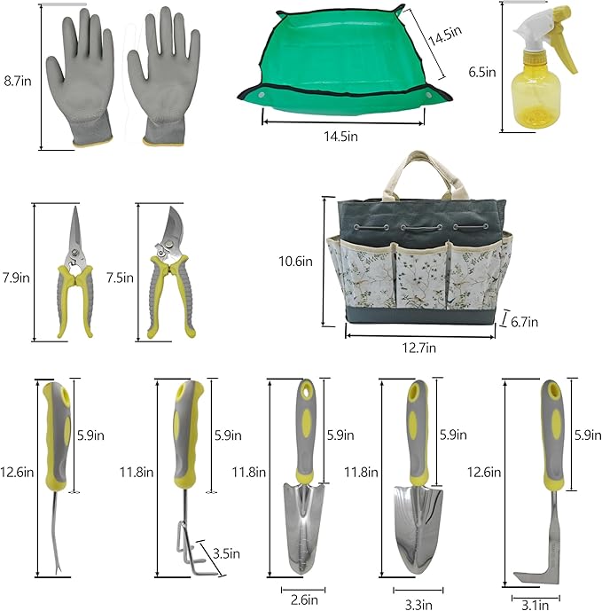 Garden Tool Set, 11-Piece Heavy-Duty Stainless Steel Hand Tools with Ergonomic Non-Slip Handles, Floral Tote Bag, Gloves, Spray Bottle and Repotting Mat, Gardening Gift for Women