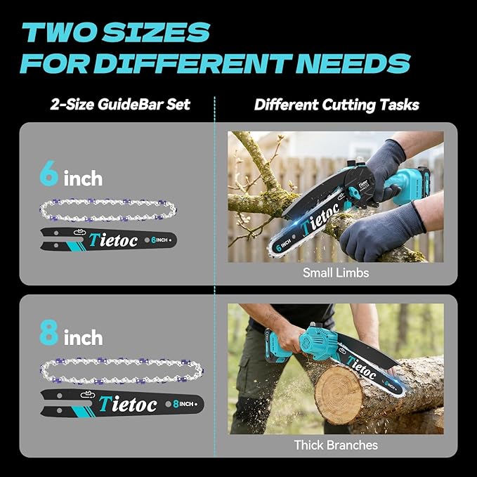 Mini Chainsaw Cordless, 8 Inch & 6 Inch Portable Electric Chainsaw,Battery Powered Handheld Power Chain Saw with 2 Batteries and Auto Oil,for Tree Trimm,Cutting Wood,Garden Tool,Gift for Men Women
