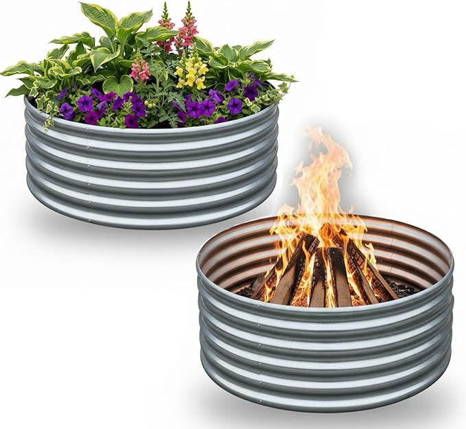 2Pcs 3X3X1.5 Ft Round Galvanized Raised Garden Bed Kit, Silver Outdoor Planter Garden Bed, Metal Raised Box for Fruits, Vegetables and Herb, Fire Pit Rings