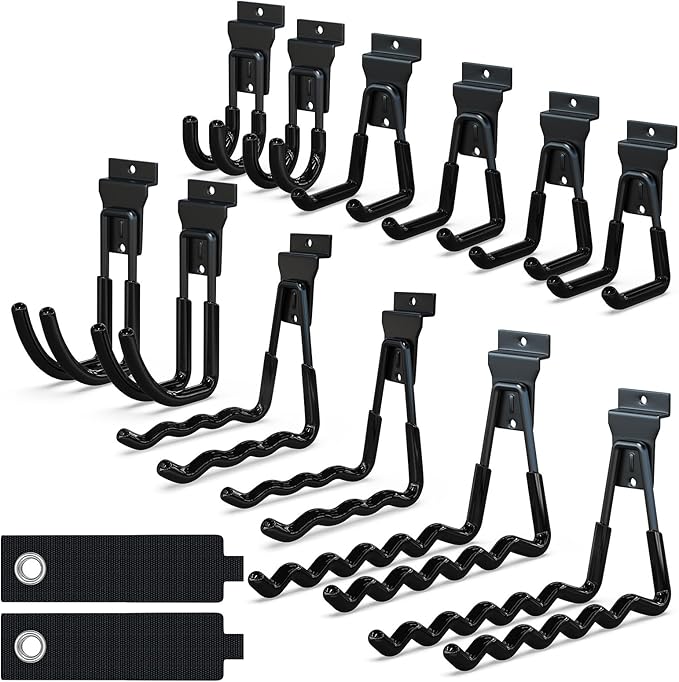 Slatwall Hooks 14PC, Slatwall Accessories, Slat Wall Hanging Hooks and Hangers 5 Sizes with Extension Cord Organizer, Proslat Accessories for Organizing Garden Tools(Black)