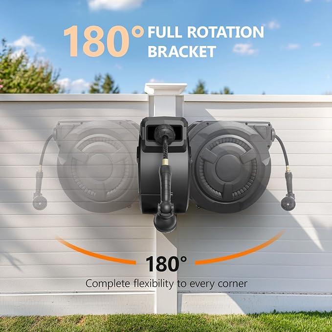 wikiwiki Retractable Garden Hose Reel 5/8 in x 100 ft, Heavy Duty Wall Mounted Hose Reel with 10- Function Sprayer Nozzle, Automatic Slow Return System/180°Swivel Bracket/UV Resistant (Black)