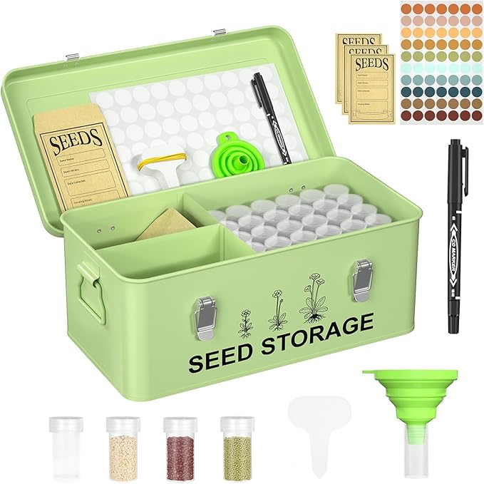 60 Slots Seed Organizer Seed Storage Seed Box 3 Compartments Seeds Organizer Storage Box Metal Garden Seeds Packet Container with Lid and Safety Locks for Flower Plants Garden