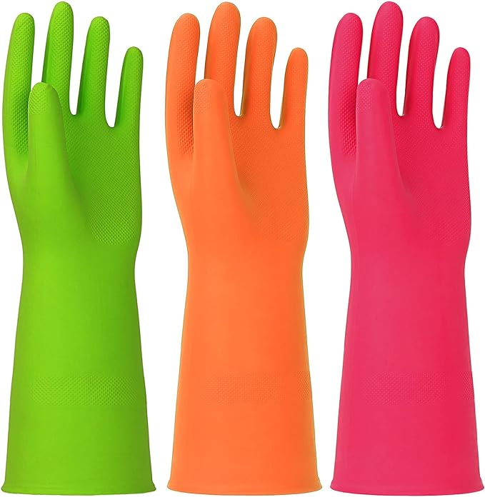 3 Pairs Rubber Cleaning Gloves Latex Free Dishwashing Gloves - 13" Reusable Nitrile Gloves Large, Green+Orange+Red