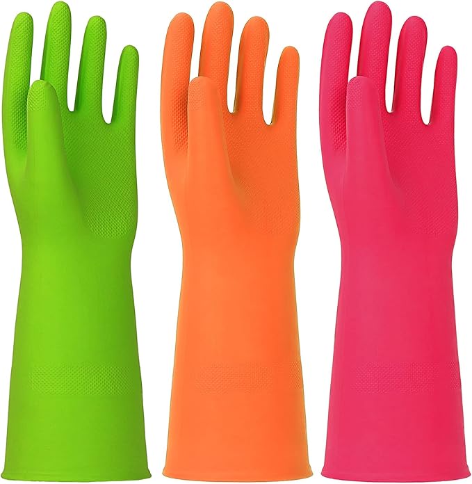 3 Pairs Rubber Cleaning Gloves Latex Free Dishwashing Gloves - 13" Reusable Nitrile Gloves Medium, Green+Orange+Red