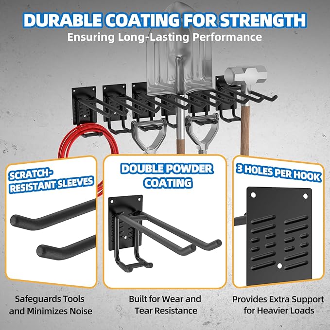 6 Pack Garage Hooks 10 INCH Heavy Duty Two-Tier Steel Shed Wall Mount Workshop Garage Storage Tool Organizer Hooks for Hanging Garden Tool, Hose, Ladder, Chairs, Bikes with Anti-Slip Coating