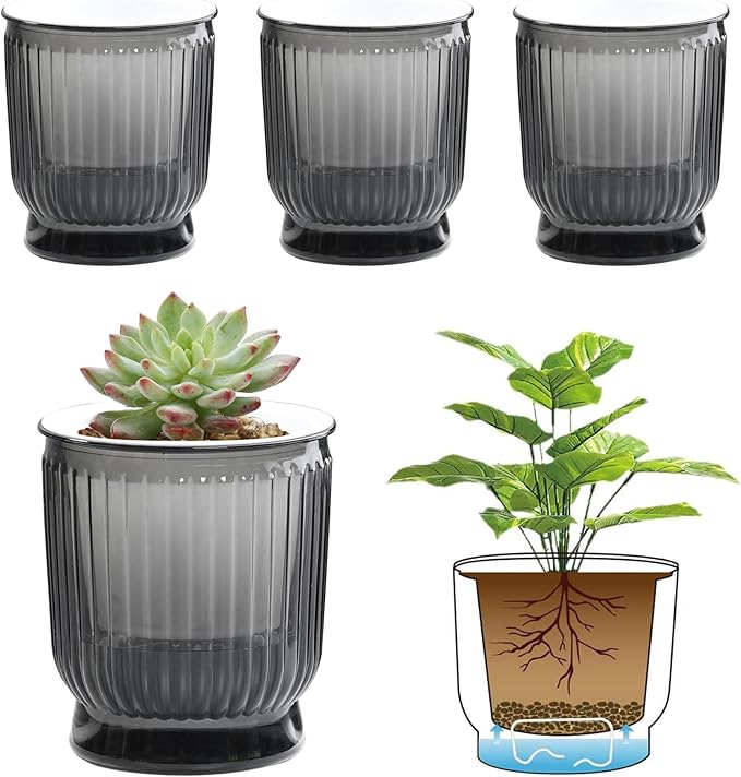 T4U 4 Inch Self Watering Plant Pot, 4 Pack Self Watering Pots, Small Self Watering Planter with Reservoir for Indoor Plants, African Violets (4 Pack 4" Pots, Translucent Gray)