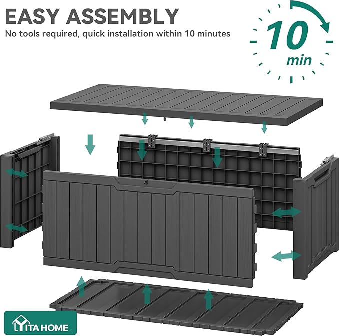YITAHOME 120 Gallon Resin Deck Box, Weather Resistant Outdoor Storage Box for Patio Cushions, Garden Tools, Pool Supplies, Lockable, Easy Assembly, Extra Seat or Table (Dark Gray)