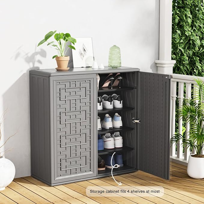 KINYING Outdoor Storage Cabinet Waterproof, Resin 62 Gallon Deck Box for Patio Furniture Cushions, Garden Tools, Pool Tools and Kids’ Toys (Grey with 1 Shelving)