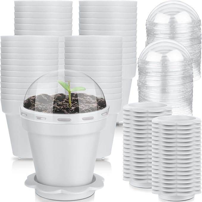 Domensi 80 Pcs 3 Cupcake Plant Nursery Pots with Humidity Dome and Saucer Small Plastic Gardening Pot Plant Containers Cups Seedling Planter Seed Starter Pots for Flower Succulent Indoor (White)