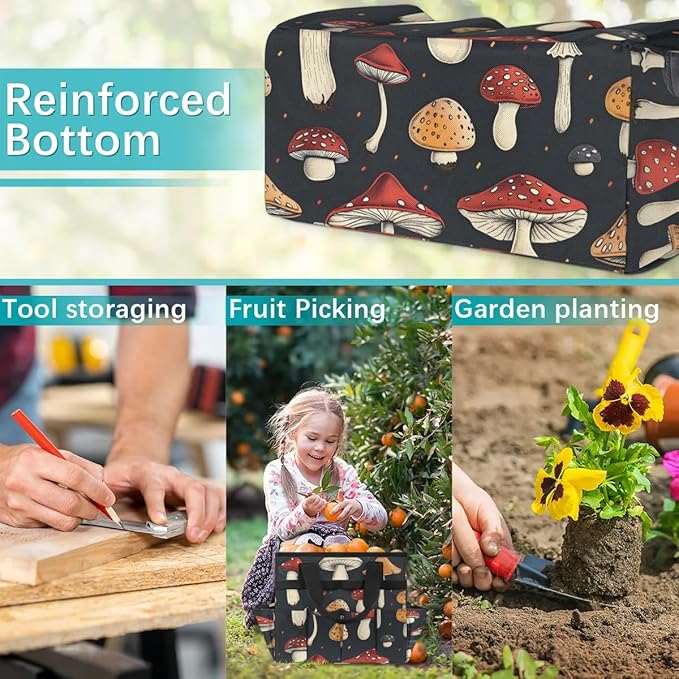 Garden Tool Bag Organizer Garden Tote Bag with Pockets Black Mushroom Tool Storage Organizer Gardening Tool Kit Holder 13" x 6.8" x 2.8"