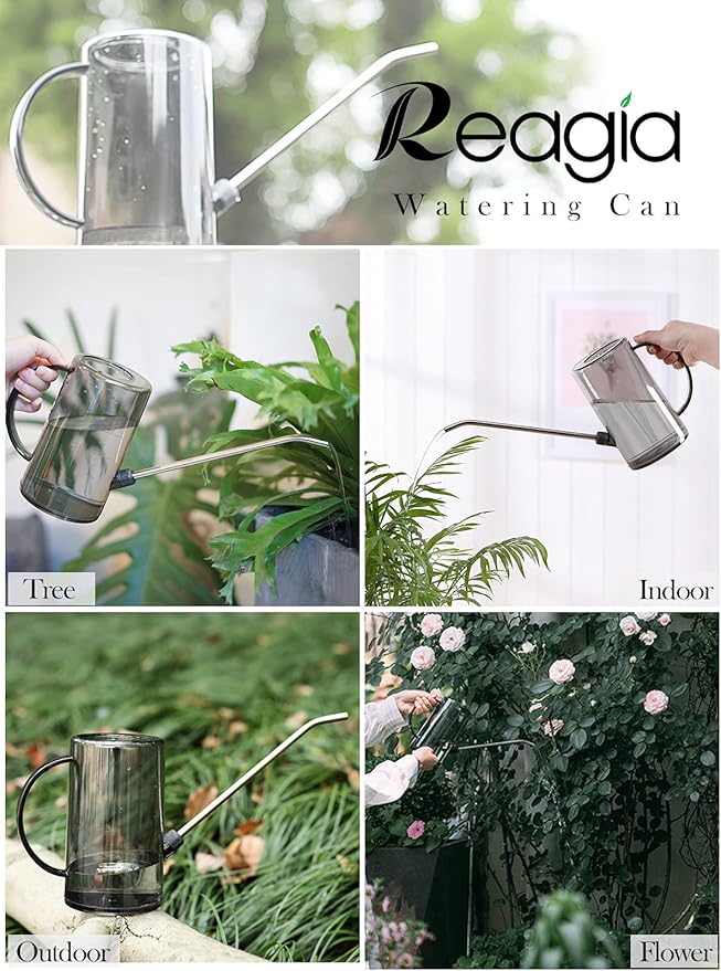 Plastic Watering Can, Plant Watering Can with Stainless Steel Long Spout, 1L/34oz Clear Measurement Markings, Long Spout Watering Can for Indoor Plants, House Plants and Flowers Easy Fill-Grey