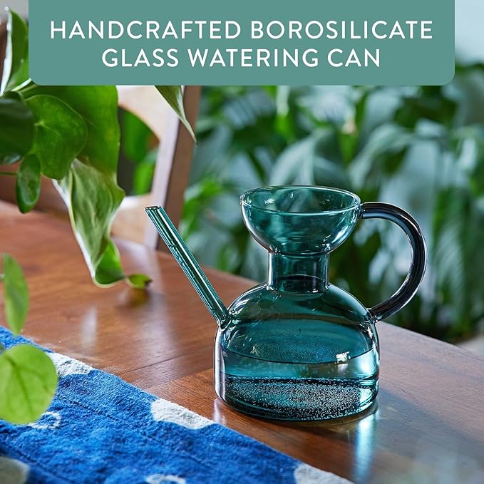 Modern Sprout Plant Watering Can - Handcrafted from Borosilicate Glass - Long Spout Vessel for Indoor Plants - 32 Oz Capacity - Multipurpose Watering Can and Flower Vase - Gift for Mother's Day (Teal)